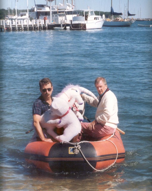 John received this photo as a 50th birthday gift from Bruce Covill. The caption read, "The New York Delegation arriving at Provincetown Poofta Phestival." (In fact, they were ferrying baggage to shore after a family sailing weekend at The Vineyard.)